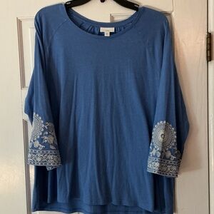 J Jill Blue Embroidered Sleeve Women's Top